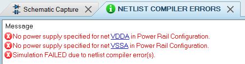 No power supply specified for net VDDA in Power Rail Configuration.